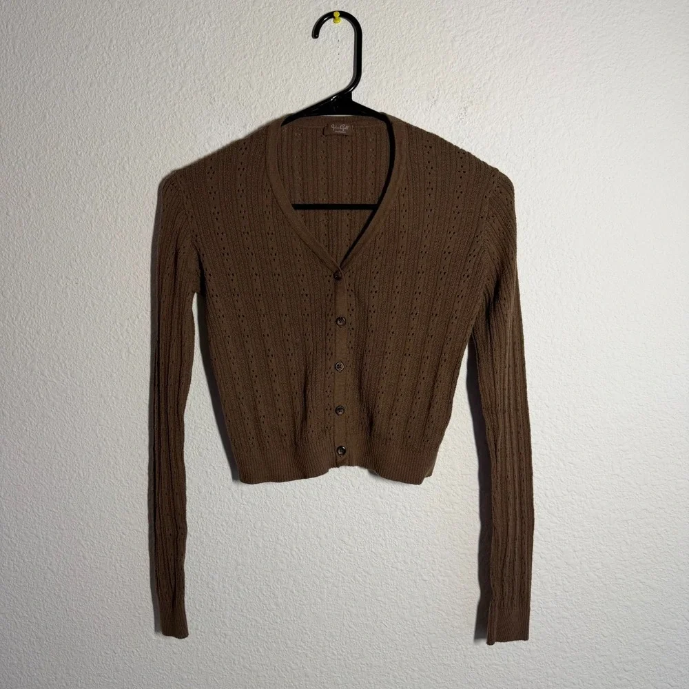 John Galt Cardigan Sweater Womens Brown Tight Knit V Neck Ribbed Warm Winter - Picture 1 of 9